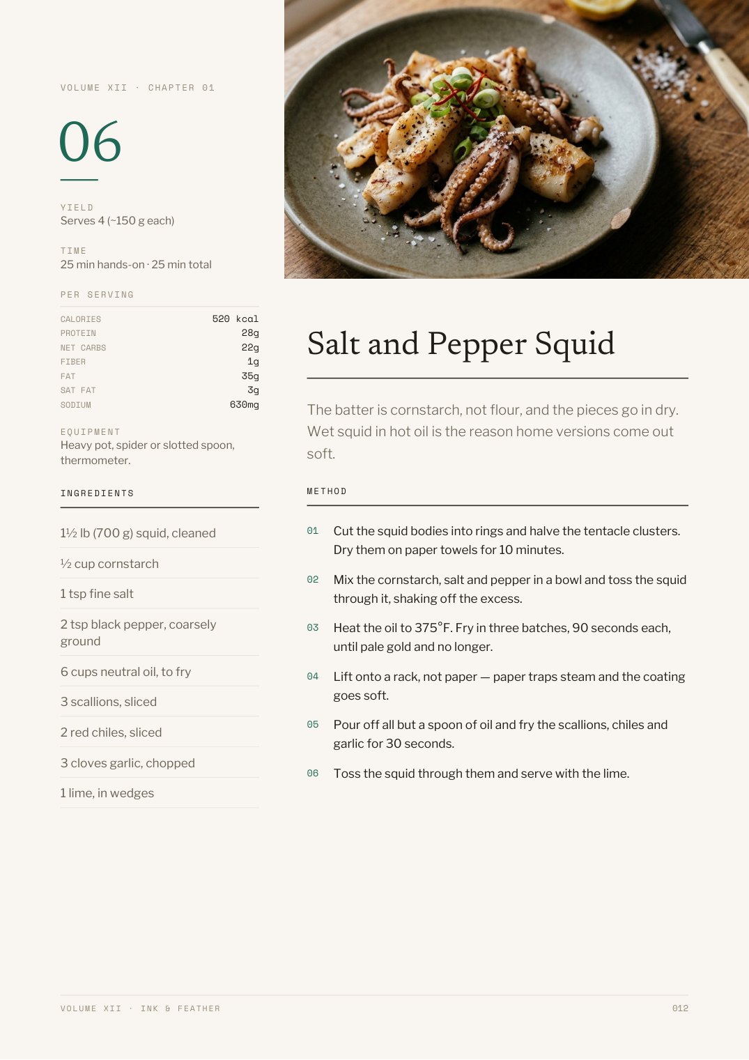 Page 12 of Ink & Feather — Salt and Pepper Squid recipe with dual metric weights and steps