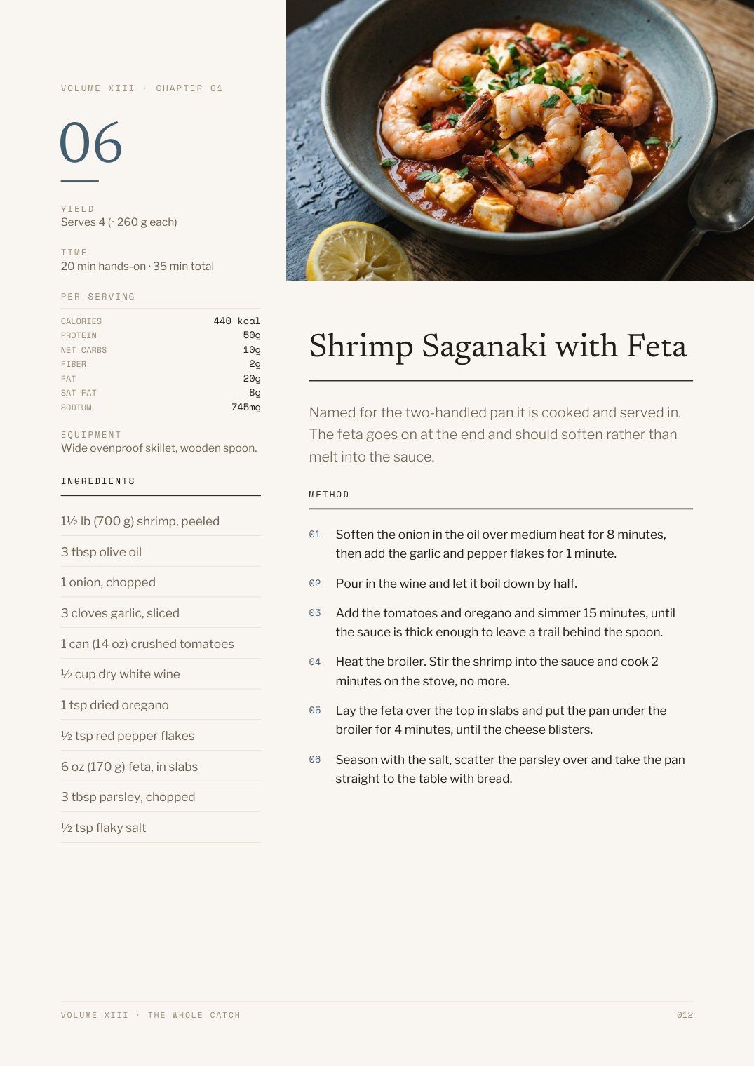 Page 12 of The Whole Catch — Shrimp Saganaki with Feta recipe with dual metric weights and steps