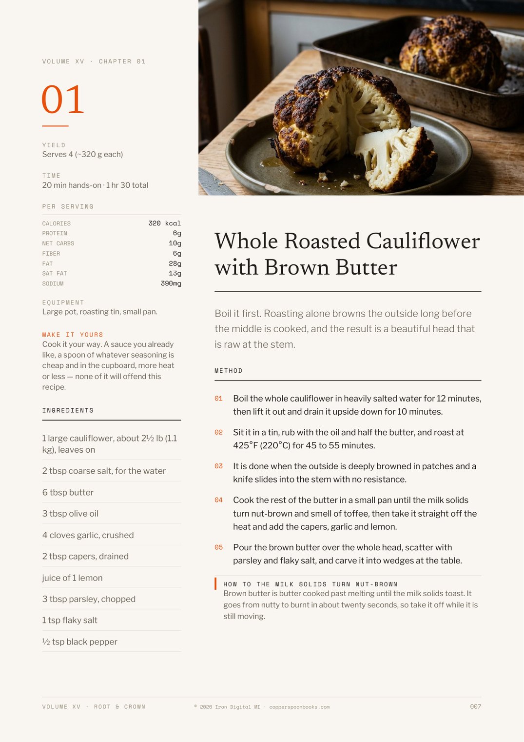 Page 7 of Root & Crown — Whole Roasted Cauliflower with Brown Butter recipe with dual metric weights and steps