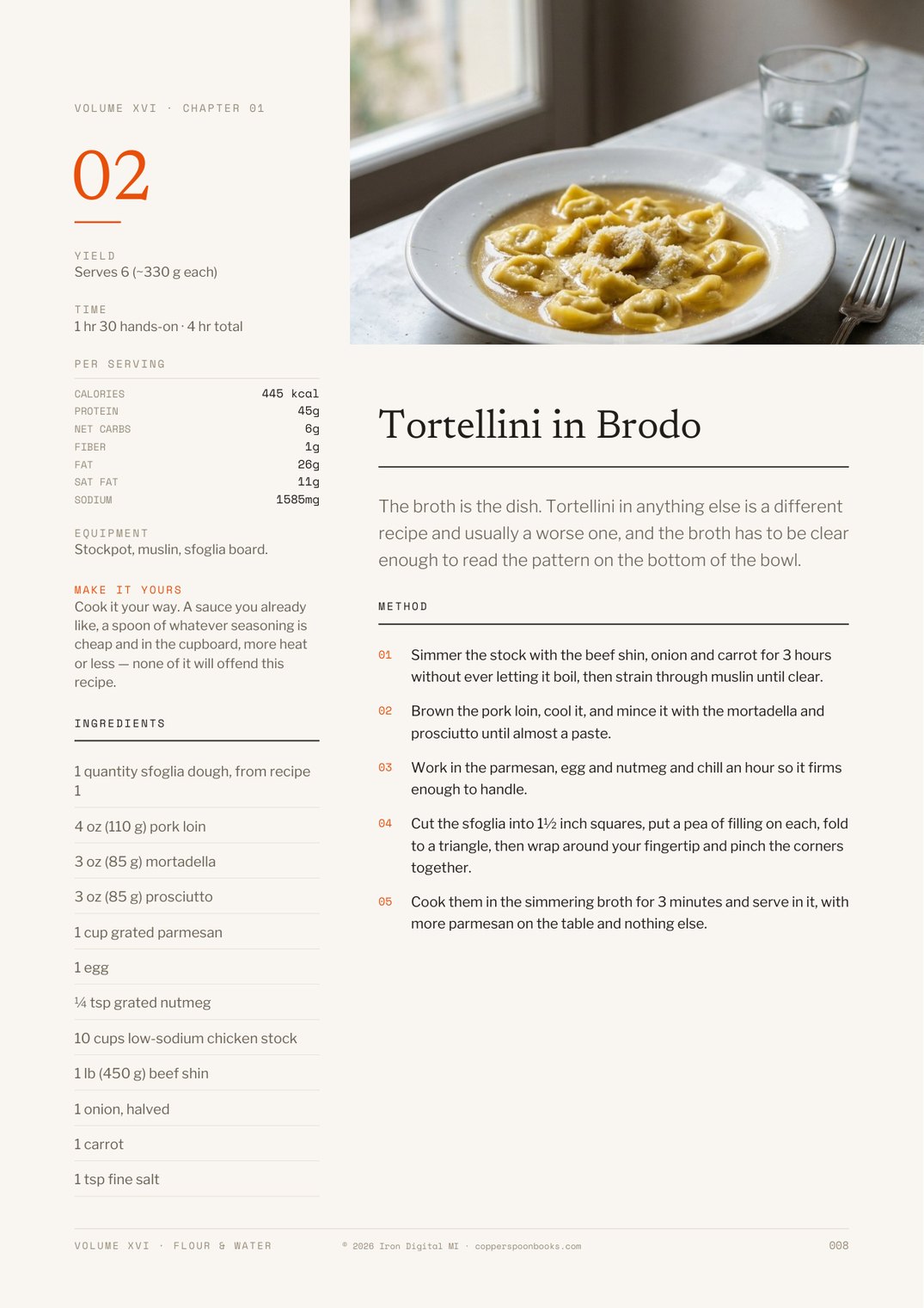 Page 8 of Flour & Water — Tortellini in Brodo recipe with dual metric weights and steps