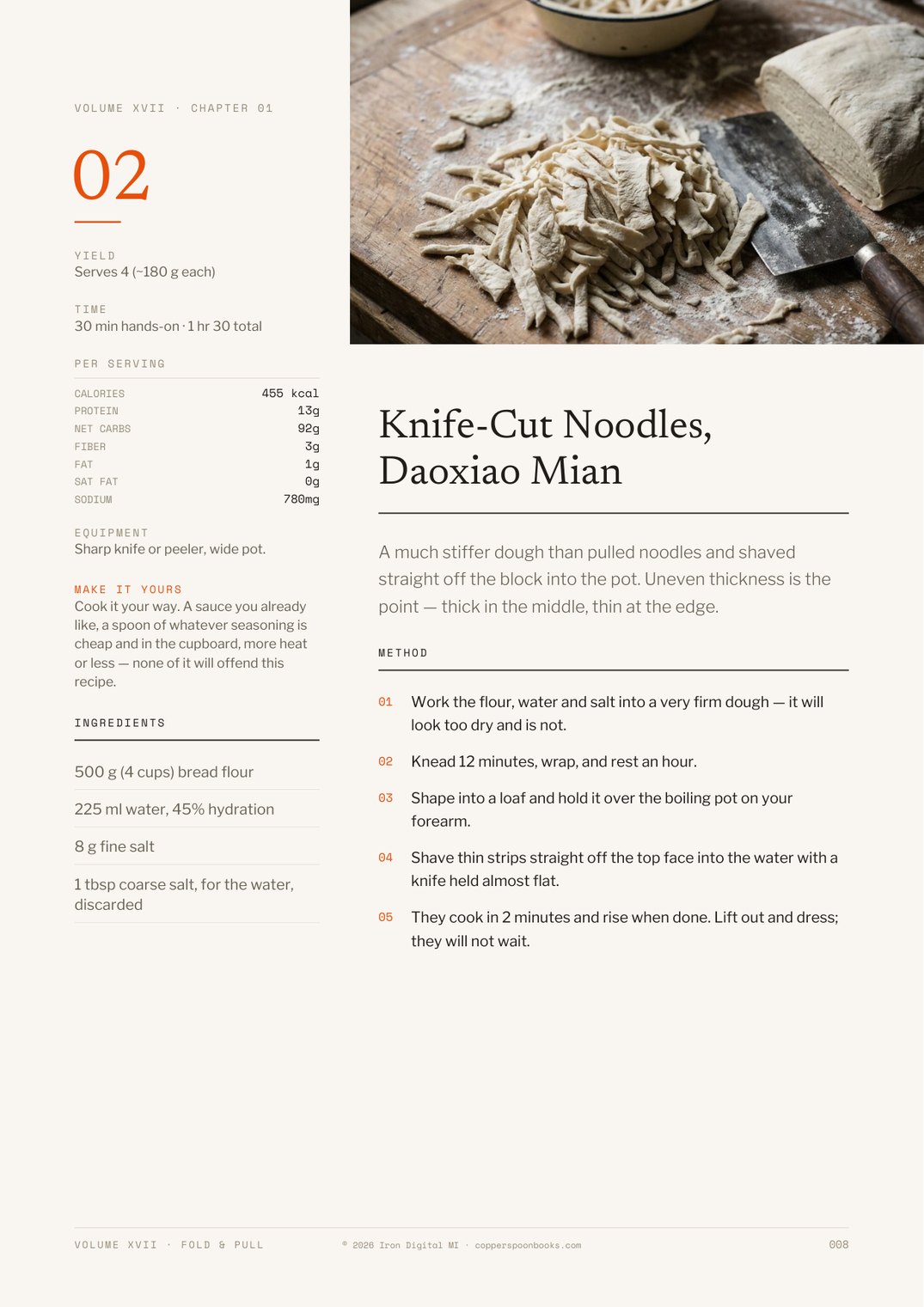 Page 8 of Fold & Pull — Knife-Cut Noodles, Daoxiao Mian recipe with dual metric weights and steps