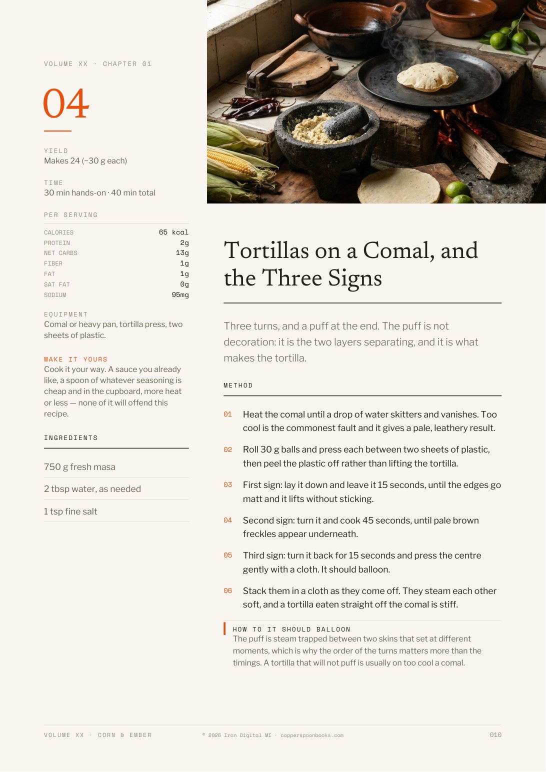 Corn & Ember cookbook interior recipe preview